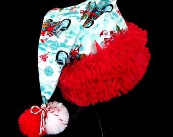 Motorcycle Flannel Fabric Santa Hat: Biker's Christmas Gift, Red Faux Fur Trim