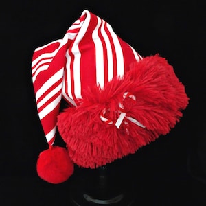 Candy Cane Striped Santa Hat, Red Faux Fur Trim Adult Santa Claus Novelty Costume Hat, Candy Cane Stripes