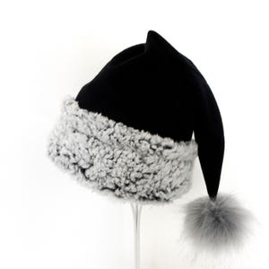 Black Fleece Santa Hat with Gray Faux Fur Trim - Adult Size