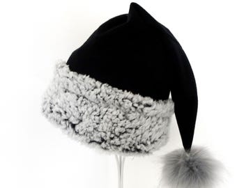 Black Fleece Santa Hat with Gray Faux Fur Trim - Adult Size