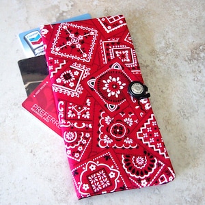 Cartera organizadora de tarjetas de crédito, organizador de tarjetas con inserto de diario, tarjetero, cartera de tela con pañuelo rojo, cartera organizadora