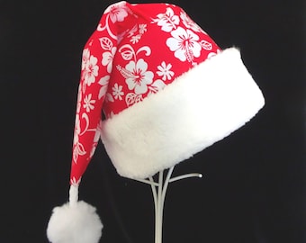 Tropical Hibiscus Santa Hat, Red & White with Faux Fur Trim, Unisex Adult Size Beach Christmas Santa Claus Hat, Hawaiian Vacation Christmas