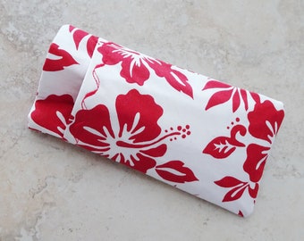 Double Pocket Eyeglass Case - Sunglasses & Reader Glass Case - Red Tropical Hibiscus Print Fabric Eye Wear Case - Case for Eyeglasses