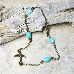 Bird Charm Anklet: Antique Brass, Turquoise Magnesite Beads