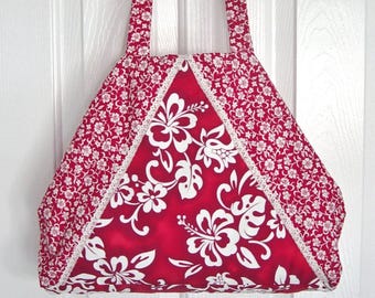 Hawaiian Hibiscus Fabric Shoulder Bag: Red & White Floral Beach Purse