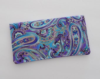 Purple Turquoise Paisley Fabric Checkbook Cover, Billfold Wallet, Fabric Check Case, Check Wallet, Checkbook Organizer