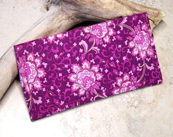 Magenta Floral Fabric Checkbook Cover: Billfold Wallet