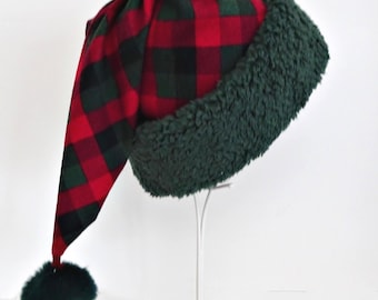 Red & Green Check Christmas Santa Hat, Adult Size Rustic Farmhouse Style, Green Fur