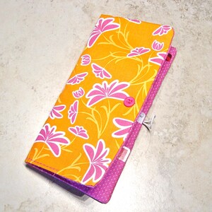 Cartera para tarjetas de crédito - Organizador de tarjetas con inserto de diario - Estuche para tarjetas de presentación - Cartera de tela naranja y rosa - Cartera para tarjetas de fidelidad