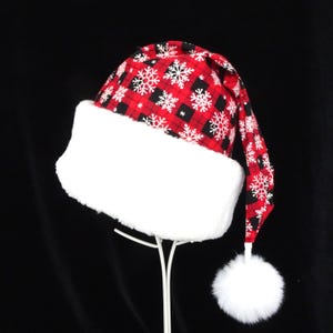 Red Buffalo Check Santa Hat with White Snowflakes, Farmhouse Adult Santa Hat, Christmas Santa Hat, Rustic Christmas Hat, Snowflakes