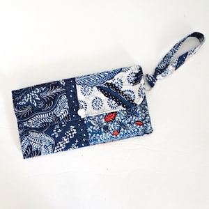 Cartera de tela de algodón con estampado de bloques vintage de los años 70, estilo clutch de tres compartimentos, llavero y monedero minimalista de tres bolsillos, estilo bohemio.