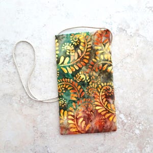 Cell Phone Pouch, Necklace Purse, Cell Tote, Eyeglass Pouch, Pocket Necklace, Cell Phone Carrier, Yellow Batik Fabric Pouch