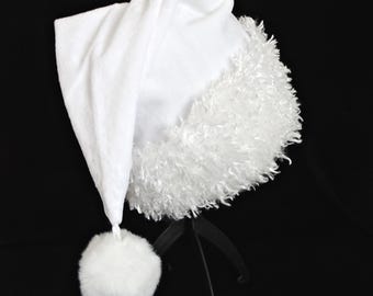 White Minky Santa Hat, Curly Faux Fur Trim, Adult Size