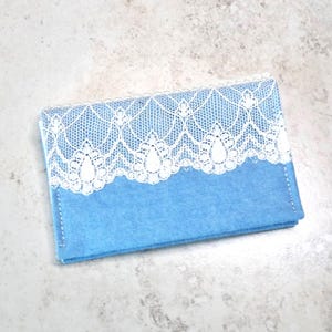 Cartera minimalista de tela vaquera azul y encaje, tarjetero, monedero para tarjetas de crédito, monedero de bolsillo estilo rústico, tarjetero para tarjetas de regalo.