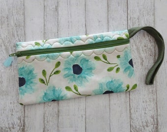 Floral Fabric Wrist Carry Purse,  Zippered Cell Phone Purse, Essentials Purse, Turquoise Flowers, Wristlet Purse, Eyeglasses Purse