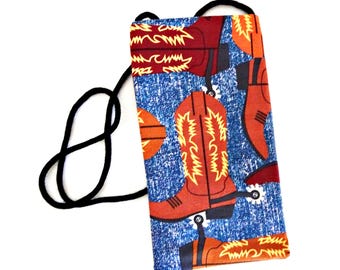 May include: A rectangular crossbody pouch featuring a blue denim-style background pattern with a repeating print of orange cowboy boots with yellow stitching details and silver spurs. The pouch includes a thin black cord strap for carrying.