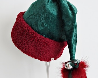 Green Panné Velvet Santa Hat, Burgundy Faux Fur Trim, Jingle Bell Pompom