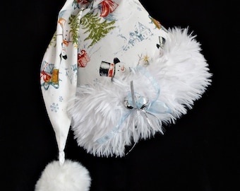 Snowman Fabric Santa Hat, White Faux Fur Trim, Jingle Bells