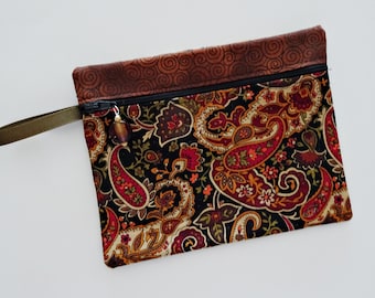 Brown Paisley Fabric Zippered Minimal Clutch Purse, Small Clutch, Essentials Purse, Zippered Cloth Pouch,