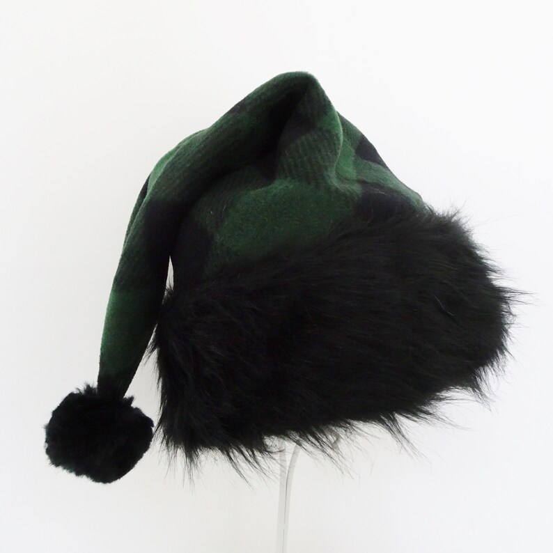Green Check Fleece Santa Hat Adult or Teen Size Santa hat Rustic Christmas Celebration Hat Black /& Green Buffalo Check Bad Santa Hat