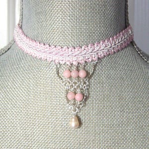 Pink Jade Bead Choker, Blush Rayon Braided Necklace with Pearl