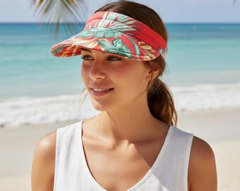 Tropical Floral Fabric Sun Visor: Adult Size Adjustable Large Brim