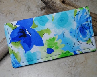 Floral Fabric Checkbook Cover, Checkbook Wallet, Blue & Green Modern Floral Fabric, Bill Fold Wallet, Organizer Wallet, Gift for Mom