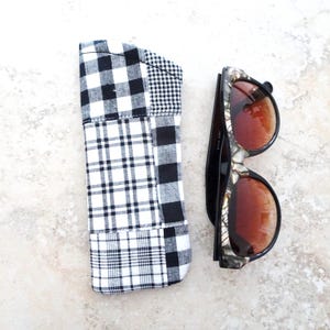 Patchwork Sunglasses Case: Black and White Plaid Cotton Eyeglass Pouch