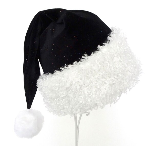 Black Glitter Velour Santa Hat: Gothic Christmas Costume