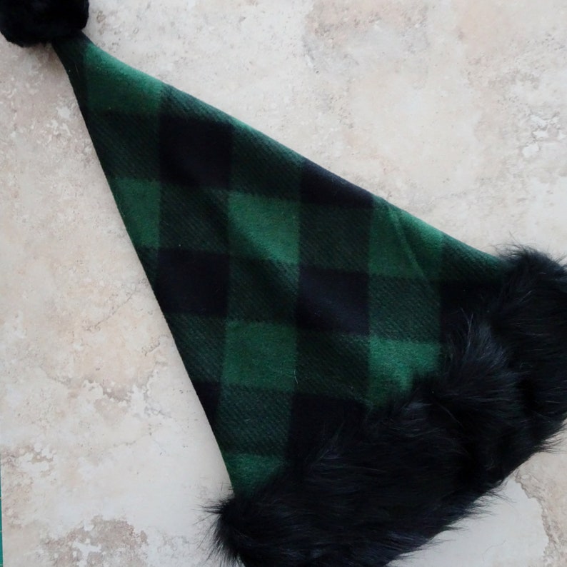 Green Check Fleece Santa Hat Adult or Teen Size Santa hat Rustic Christmas Celebration Hat Black /& Green Buffalo Check Bad Santa Hat