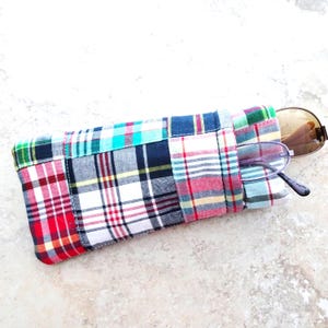 Madras Plaid Patchwork Eyeglass Case: Double Pocket Sunglasses Pouch