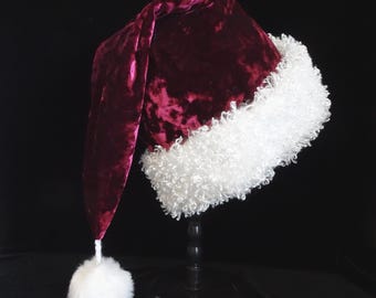Cappello di Babbo Natale in velluto color vino, con bordo in pelliccia sintetica, costume natalizio per adulti