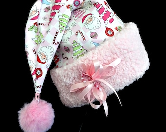 Pink Check Christmas Santa Hat, Faux Sherpa Fur Brim, Adult Size, NEW!