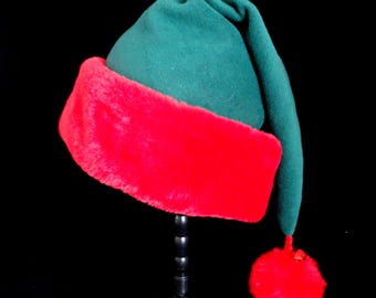 Green Fleece Santa Hat: Red Faux Fur Trim, Jingle Bells