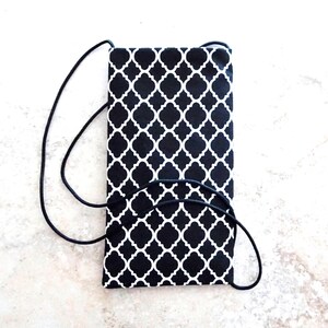 Pochette pour téléphone portable, sac à lunettes, sac à main avec collier, petit sac en tissu à bandoulière, sac autour du cou avec cordon, tissu quadrilobe, noir et blanc
