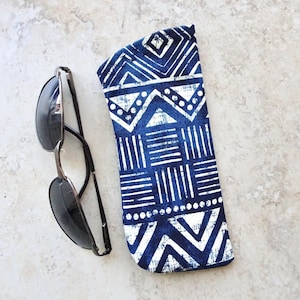 Eyeglass Case, Sunglasses Case, Indigo Blue and Ivory Fabric Eyeglass Case, Purse Organizer, Ikat Fabric Case for Glasses