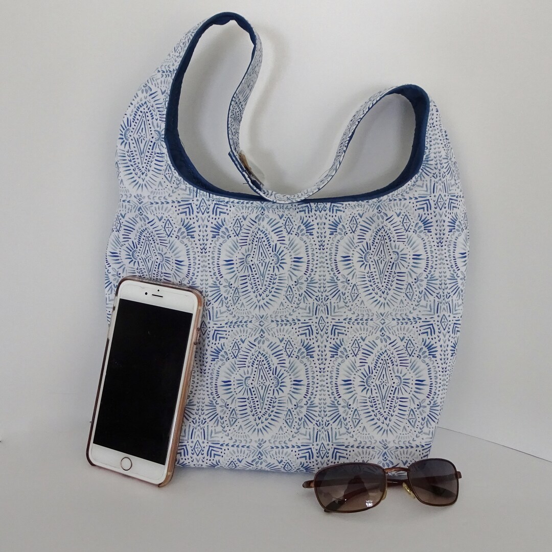 Blue and White Hobo Style Fabric Handbag, Shoulder Bag, Tote Bag, Block