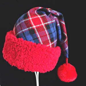 Red & Blue Plaid Santa Hat with Red Faux Fur Trim, Novelty Christmas Santa Clause Hat, Holiday Celebration Hat