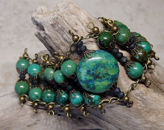 Turquoise Green Bead Bracelet - Antique Brass Chain Bracelet - Green Bracelet - Boho - Beaded Chain Link Bracelet - Gift for Her