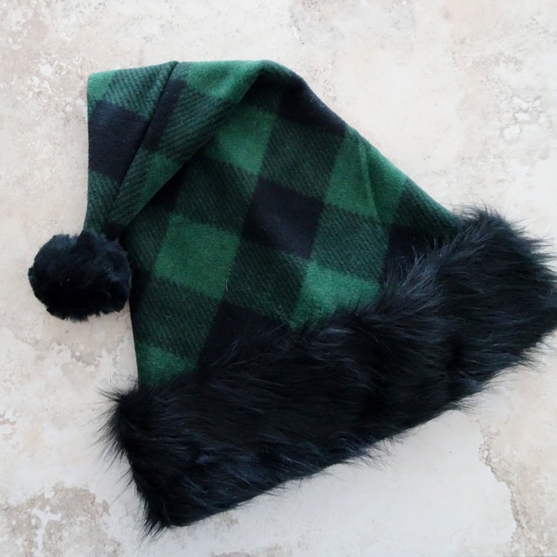 Green Check Fleece Santa Hat Adult or Teen Size Santa hat Rustic Christmas Celebration Hat Black /& Green Buffalo Check Bad Santa Hat