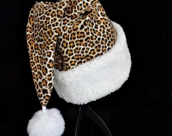 Leopard Flannel Santa hat, Christmas Party Costume, Adult Size