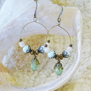 Green Bead Earrings, Antique Brass Beaded Hoop Earrings, Boho, Blue Bead Earrings, Dangle Hoop Earrings, beaded Hoops
