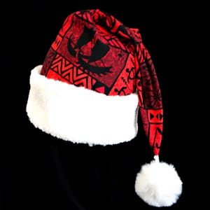 Hawaiian Tapa Print Santa Hat, Red Tropical Christmas Hat