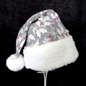 Silver Holly Berry Flannel Santa Hat - Adult Christmas Hat - Woodland Santa - Novelty Santa Hat - Holly - Christmas Host Gift
