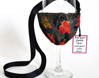Autumn Leaves Fabric Wine Glass Cozy Necklace, Wine Party Favor or Gift