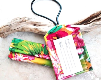 Ensemble d'étiquettes à bagage et de papiers d'emballage à fleurs tropicales : cadeau de voyage hawaïen