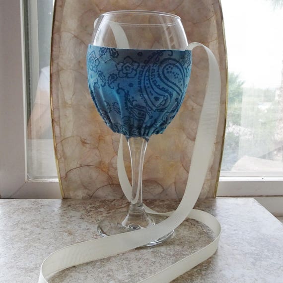 Wine Glass Cozy Necklace Blue Fabric Wine Glass Holder Etsy