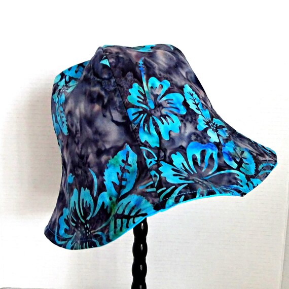Blue Floral Batik Fabric Bucket Sun Hat, Reversible Adult Size