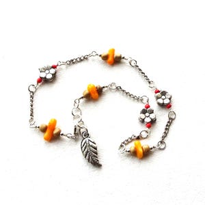 Silver Chain Ankle Bracelet - Feather Charm Beaded Anklet - Orange Coral Bead Anklet - Silver Flower Bead Anklet - Beach Jewelry - Summer