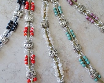 Silver & Cord Beaded Bracelet, Boho, Rustic, Black Beads, Turquoise Beads, Moonstone Beads, Pink Beads, Red Beads, Beaded Cord Bracelet